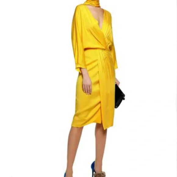 Diane Von Furstenberg | Dresses | Diane Von Furstenberg Yellow Crepe Twist  Front Wrap Dress 6 Midi Vneck | Poshmark